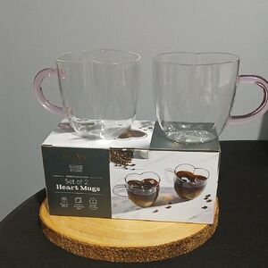 New! Heart Shaped Mug Set Clear & Pink NIB
